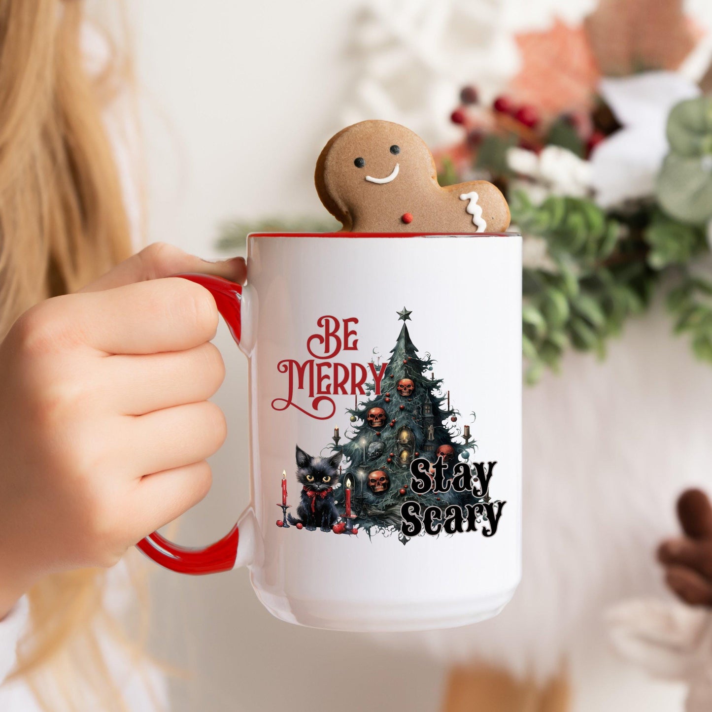 Be Merry Stay Scary cute Black Cat Christmas Coffee Mug | Festive Holiday Mug | Christmas Gift | Goth Christmas Mug | Funny Christmas Mug