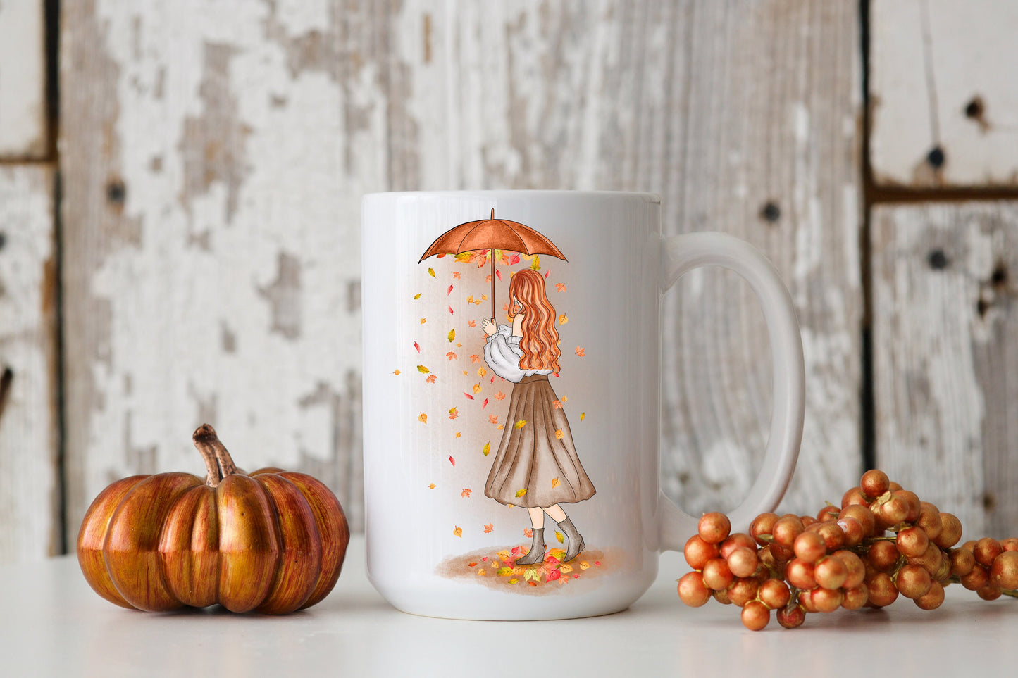 Fall Rain Coffee Mug, Fall Mug, Autumn leaves, Fall girl, tea