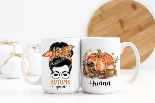 Fall Coffee mug, Autumn Queen Messy Bun Coffee Mug, double sided, Fall Drinkware