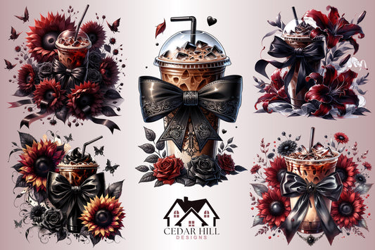 Gothic Coquette Coffee Clipart, PNG, Bow Design (Digital Download)