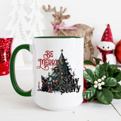 Be Merry Stay Scary cute Black Cat Christmas Coffee Mug | Festive Holiday Mug | Christmas Gift | Goth Christmas Mug | Funny Christmas Mug
