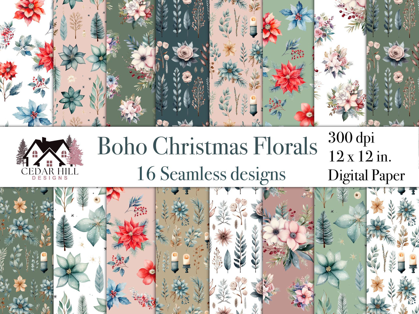 Boho Christmas Floral Patterns, Seamless Holiday Digital Paper (Digital Download)