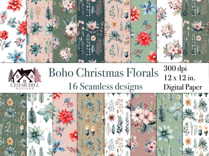 Boho Christmas Floral Patterns, Seamless Holiday Digital Paper (Digital Download)