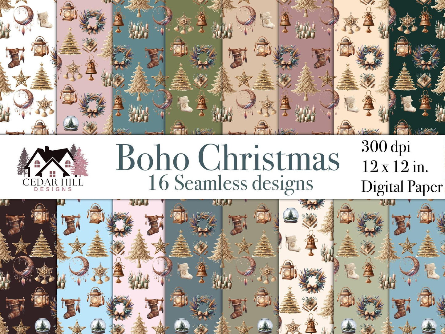Boho Christmas Seamless Patterns, Holiday Digital Paper (16 Designs)