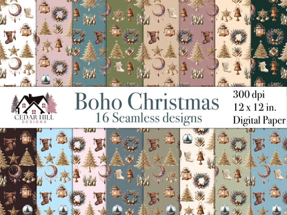 Boho Christmas Seamless Patterns, Holiday Digital Paper (16 Designs)