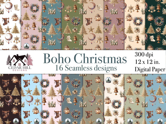Boho Christmas Seamless Patterns, Holiday Digital Paper (16 Designs)