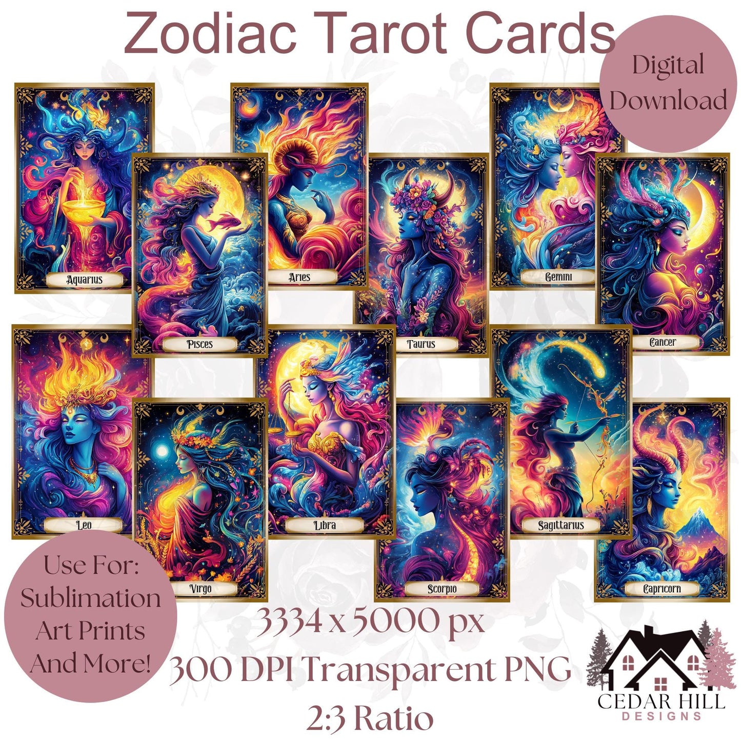 Zodiac Tarot Card PNG Set: Astrology Horoscope Art (Digital Download)