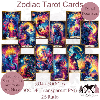 Zodiac Tarot Card PNG Set: Astrology Horoscope Art (Digital Download)