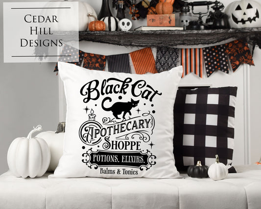 Black Cat Apothecary Vintage Halloween Throw Pillow Cover |  Farmhouse Decor | Halloween Home Decor | Spooky design | 18x18 Pillow Sham