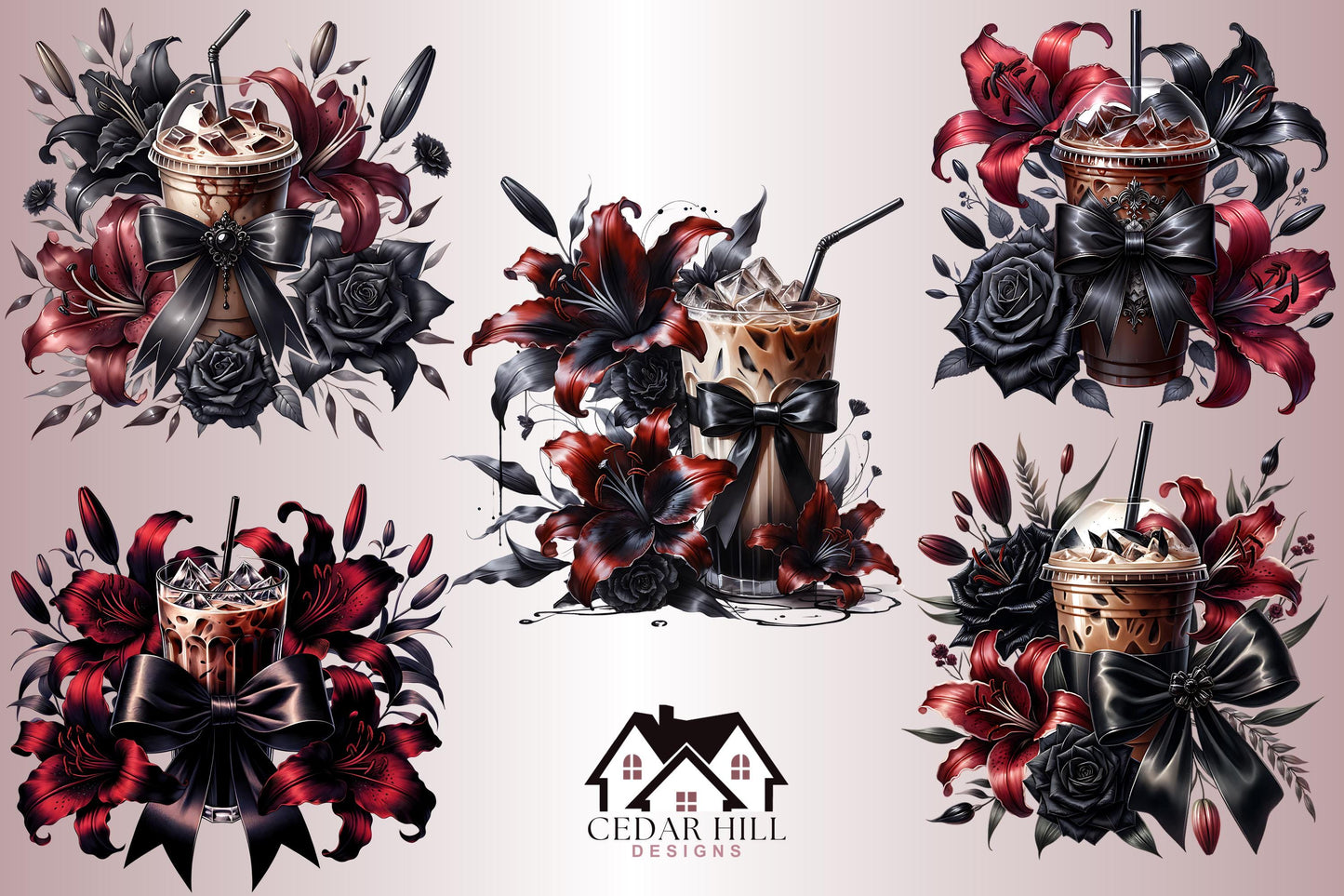 Gothic Coquette Coffee Clipart, PNG, Bow Design (Digital Download)