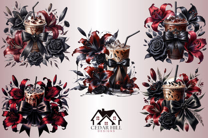 Gothic Coquette Coffee Clipart, PNG, Bow Design (Digital Download)