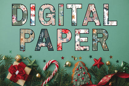 Boho Christmas Floral Patterns, Seamless Holiday Digital Paper (Digital Download)