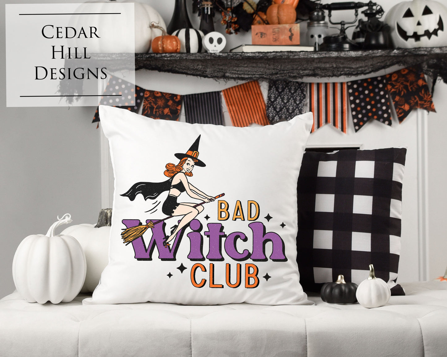 Bad Witch Club Retro Halloween Throw Pillow Cover