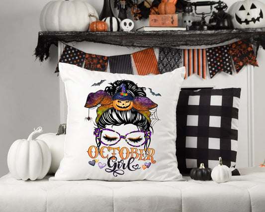 October Girl Halloween Throw Pillow Cover | Halloween Home Decor | Gift | Spooky Messy Bun | 18x18 Pillow Sham