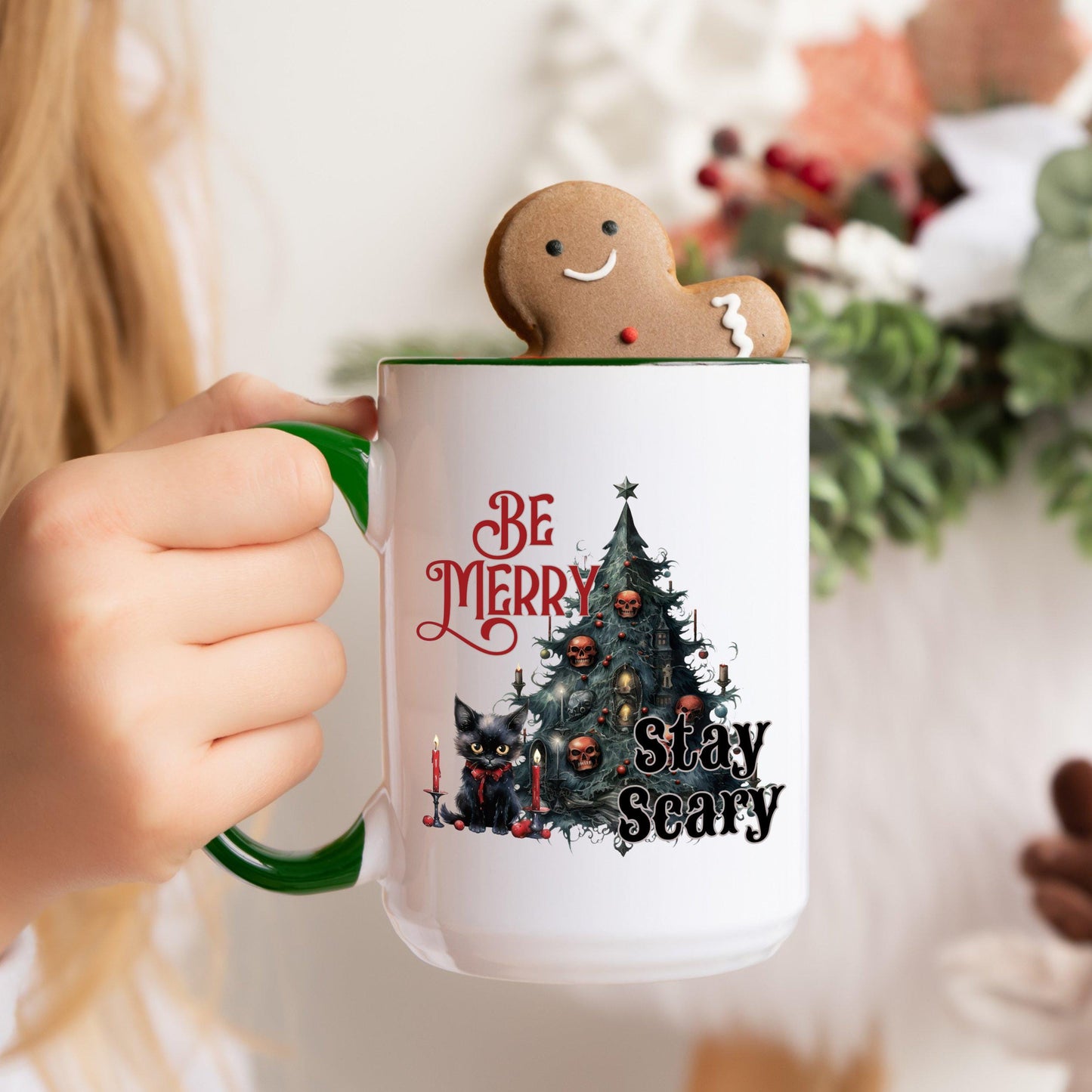Be Merry Stay Scary cute Black Cat Christmas Coffee Mug | Festive Holiday Mug | Christmas Gift | Goth Christmas Mug | Funny Christmas Mug