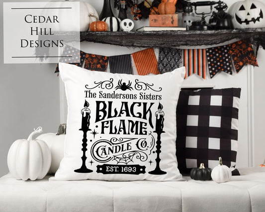 Black Flame Candle Co Throw Pillow Cover | Halloween Decor | Hocus Pocus Pillow Sham | Spooky Home Decor | 18x18 Pillowcase |
