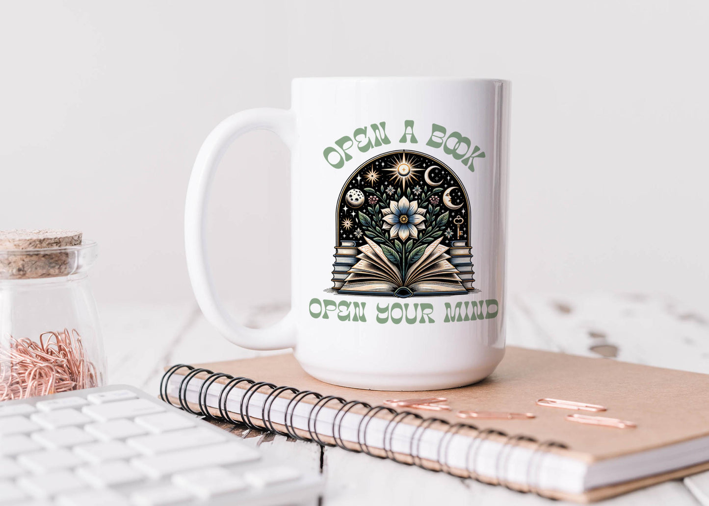 Book Lover Mug, Open a Book Open Your Mind Mug, Reader Gift Idea, Inspirational Coffee Cup, Unique Bookish Mug, Bibliophile Mug