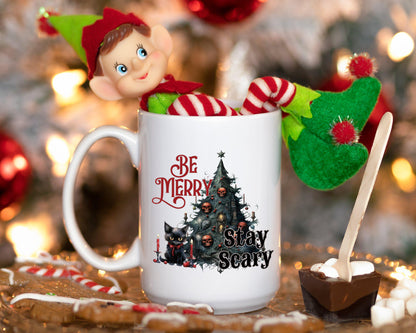 Be Merry Stay Scary cute Black Cat Christmas Coffee Mug | Festive Holiday Mug | Christmas Gift | Goth Christmas Mug | Funny Christmas Mug