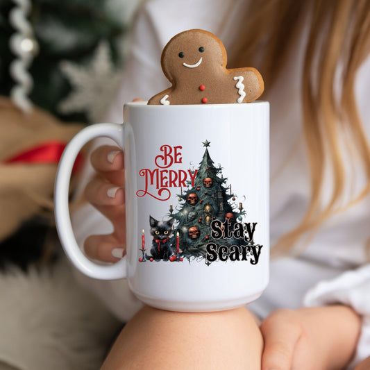 Be Merry Stay Scary cute Black Cat Christmas Coffee Mug | Festive Holiday Mug | Christmas Gift | Goth Christmas Mug | Funny Christmas Mug