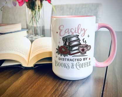 Easily Distracted by Books and Coffee Mug, Book Lover Gift, Coffee Enthusiast Mug, Literary Mug, Book Club Mug, Gift for Readers