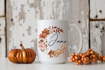 Autumn Wreath personalized Fall Coffee Mug, Fall wreath, Tea Mug, Fall Drinkware