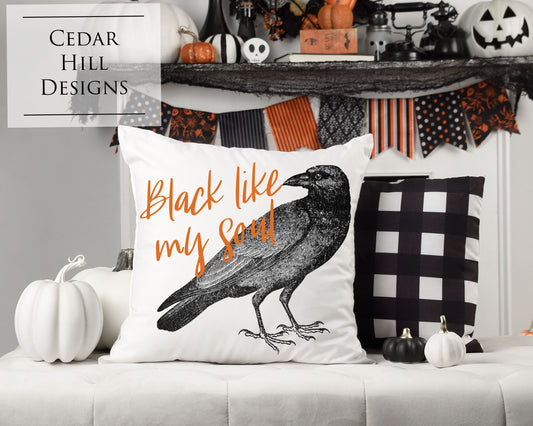 Black Like My Soul Crow Halloween Pillow Cover | Black Crow | Halloween Decor | Spooky Pillowcase | Spooky Holiday Home Decor