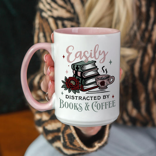 Easily Distracted by Books and Coffee Mug, Book Lover Gift, Coffee Enthusiast Mug, Literary Mug, Book Club Mug, Gift for Readers
