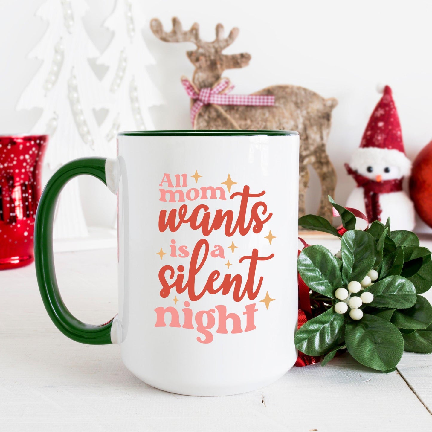All Mom Wants is a Silent Night Funny Christmas Coffee Mug | Festive Holiday Mug | Mom Christmas Gift | Cute Mug for Mom | Retro Style Mug