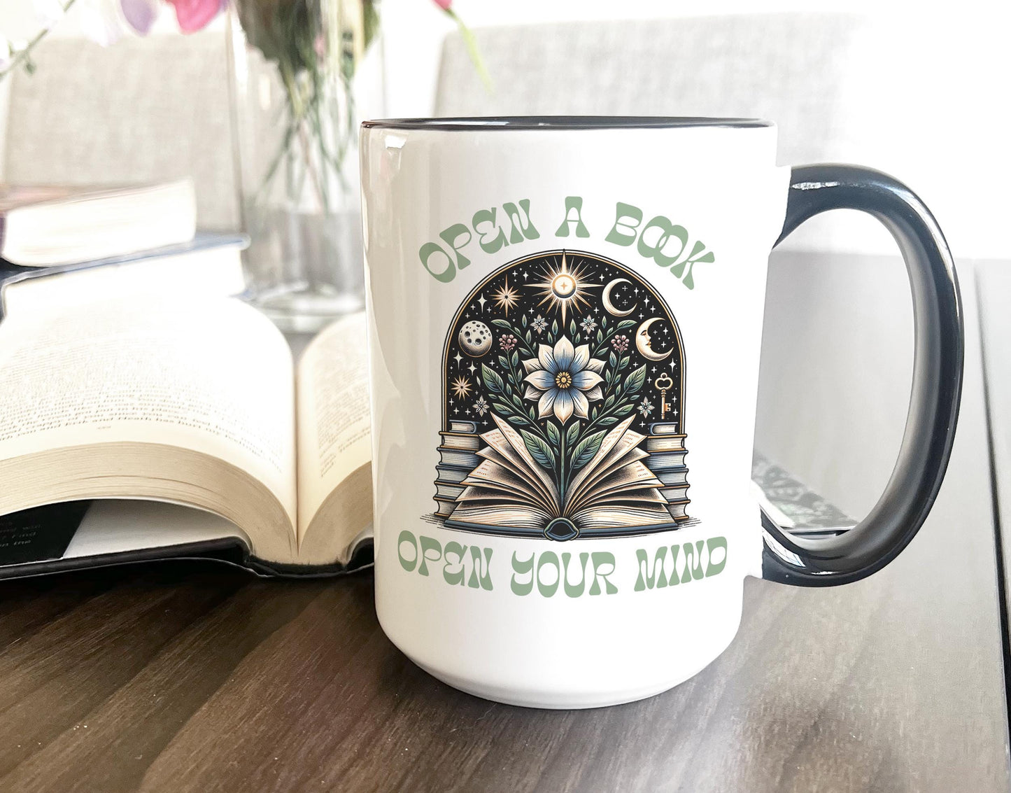 Book Lover Mug, Open a Book Open Your Mind Mug, Reader Gift Idea, Inspirational Coffee Cup, Unique Bookish Mug, Bibliophile Mug