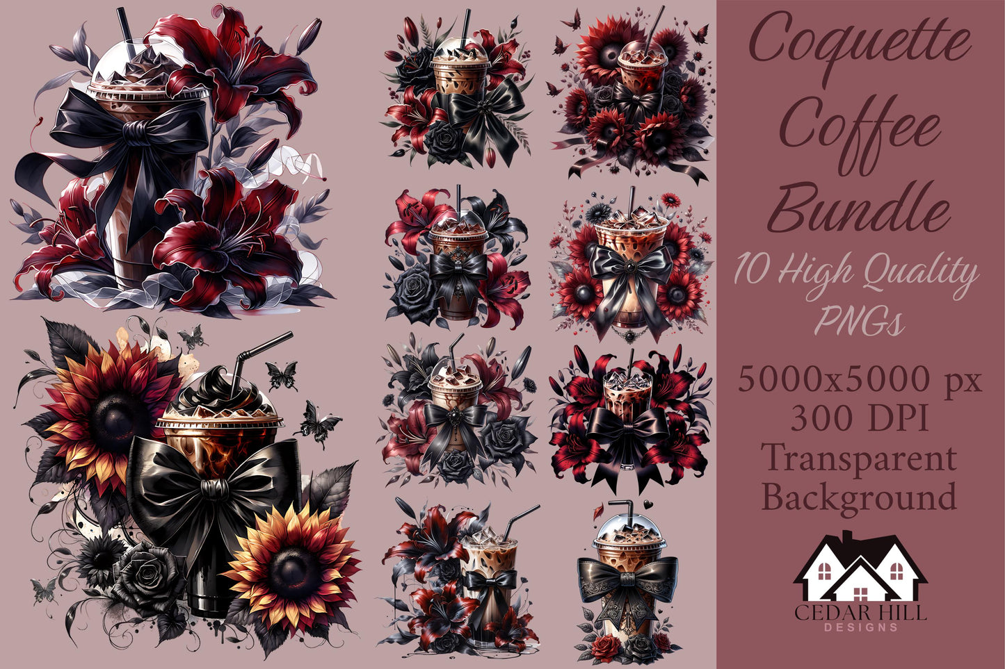 Gothic Coquette Coffee Clipart, PNG, Bow Design (Digital Download)