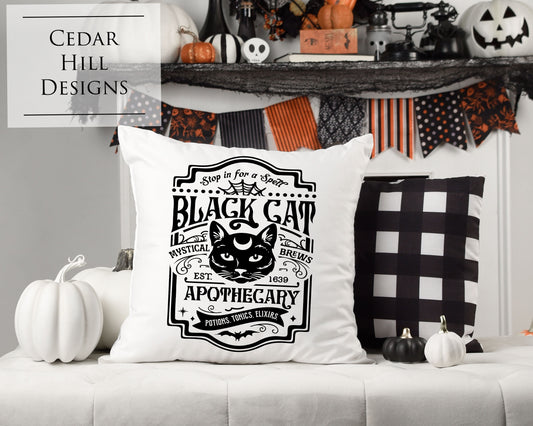 Black Cat Apothecary Vintage Halloween Throw Pillow Cover |  Farmhouse Decor | Halloween Home Decor | Spooky design | 18x18 Pillow Sham