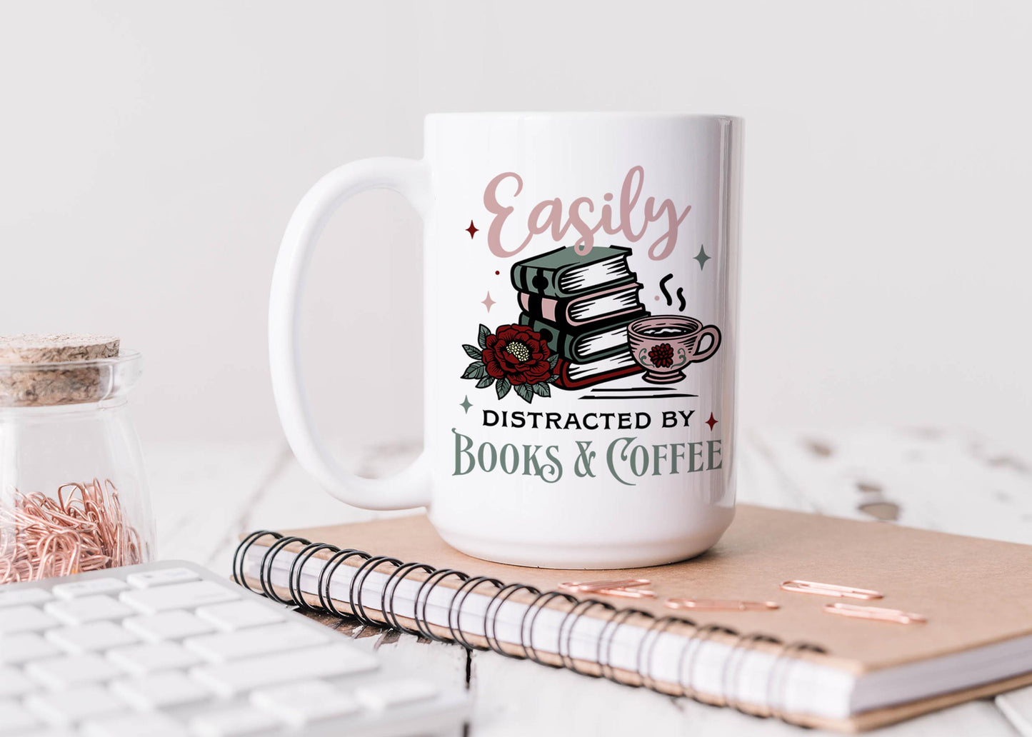 Easily Distracted by Books and Coffee Mug, Book Lover Gift, Coffee Enthusiast Mug, Literary Mug, Book Club Mug, Gift for Readers