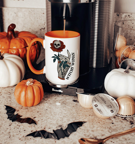 Witchy Woman Coffee Halloween Skull & Rose Mug