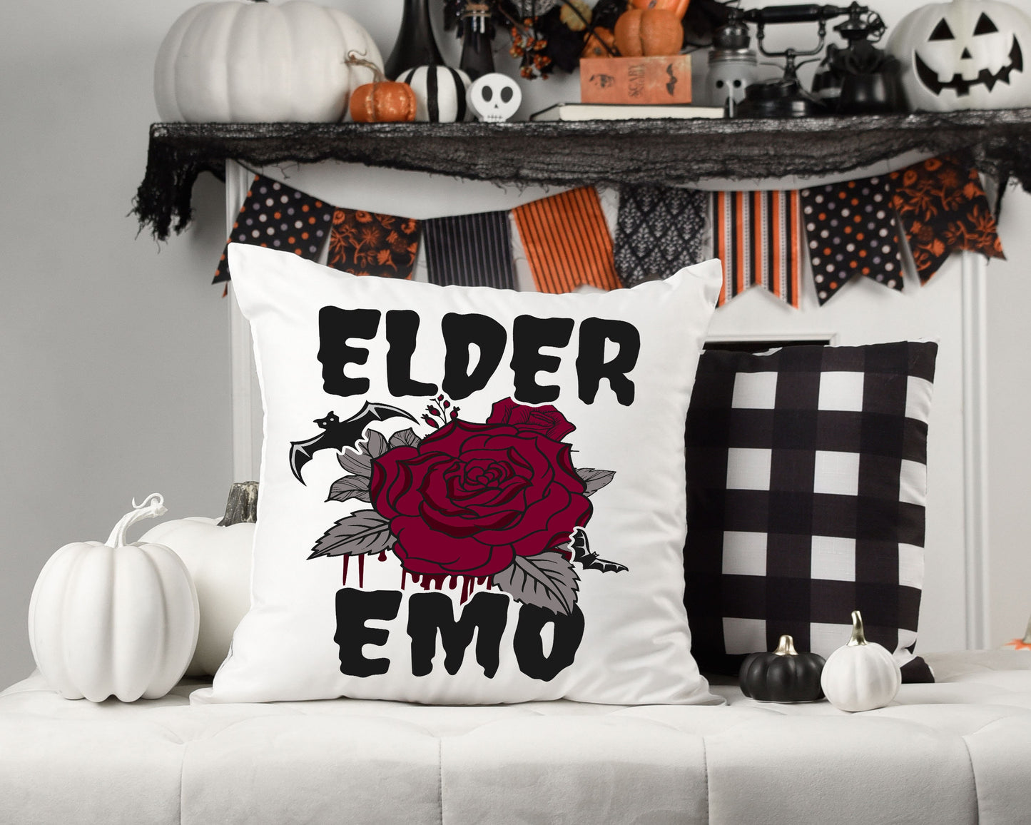 Elder Emo with Red Rose Halloween Throw Pillow Cover | Retro  | Halloween Home Decor | Gothic Design | 18x18 Pillow Sham