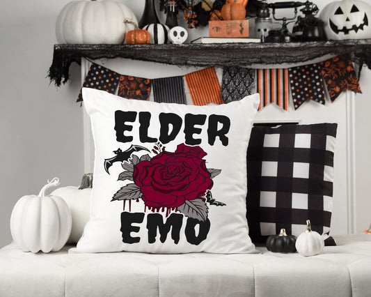 Elder Emo with Red Rose Halloween Throw Pillow Cover | Retro  | Halloween Home Decor | Gothic Design | 18x18 Pillow Sham