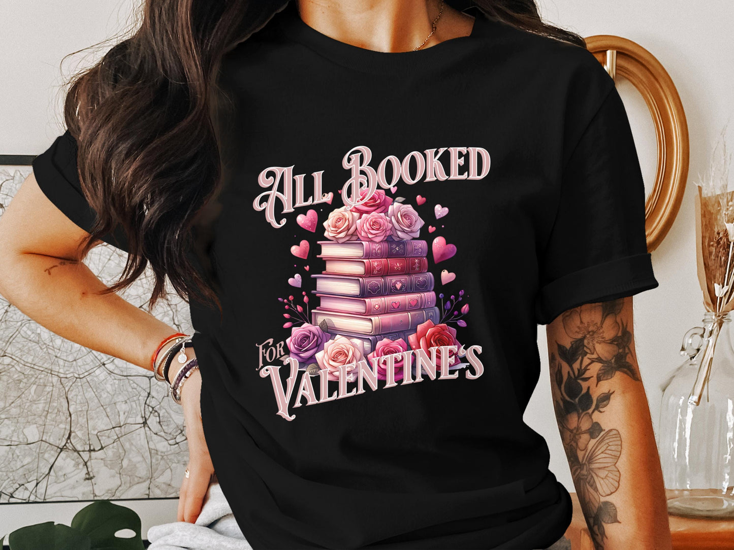 All Booked for Valentine's Day PNG, Romantic Books Stack with Roses Printable, Book Lover Gift, 300 DPI, Sublimation Design