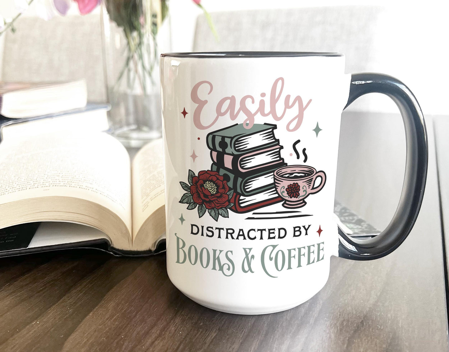 Easily Distracted by Books and Coffee Mug, Book Lover Gift, Coffee Enthusiast Mug, Literary Mug, Book Club Mug, Gift for Readers
