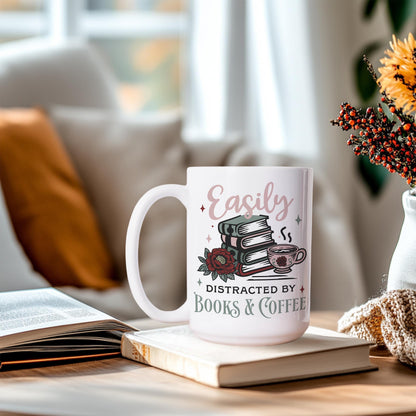 Easily Distracted by Books and Coffee Mug, Book Lover Gift, Coffee Enthusiast Mug, Literary Mug, Book Club Mug, Gift for Readers