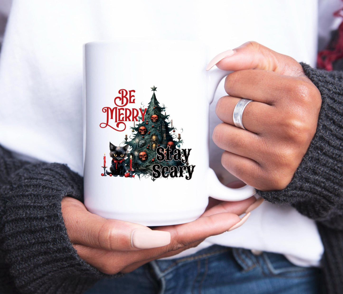 Be Merry Stay Scary cute Black Cat Christmas Coffee Mug | Festive Holiday Mug | Christmas Gift | Goth Christmas Mug | Funny Christmas Mug