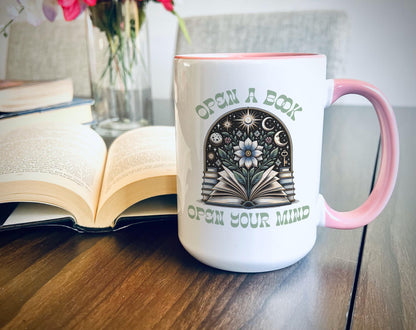 Book Lover Mug, Open a Book Open Your Mind Mug, Reader Gift Idea, Inspirational Coffee Cup, Unique Bookish Mug, Bibliophile Mug