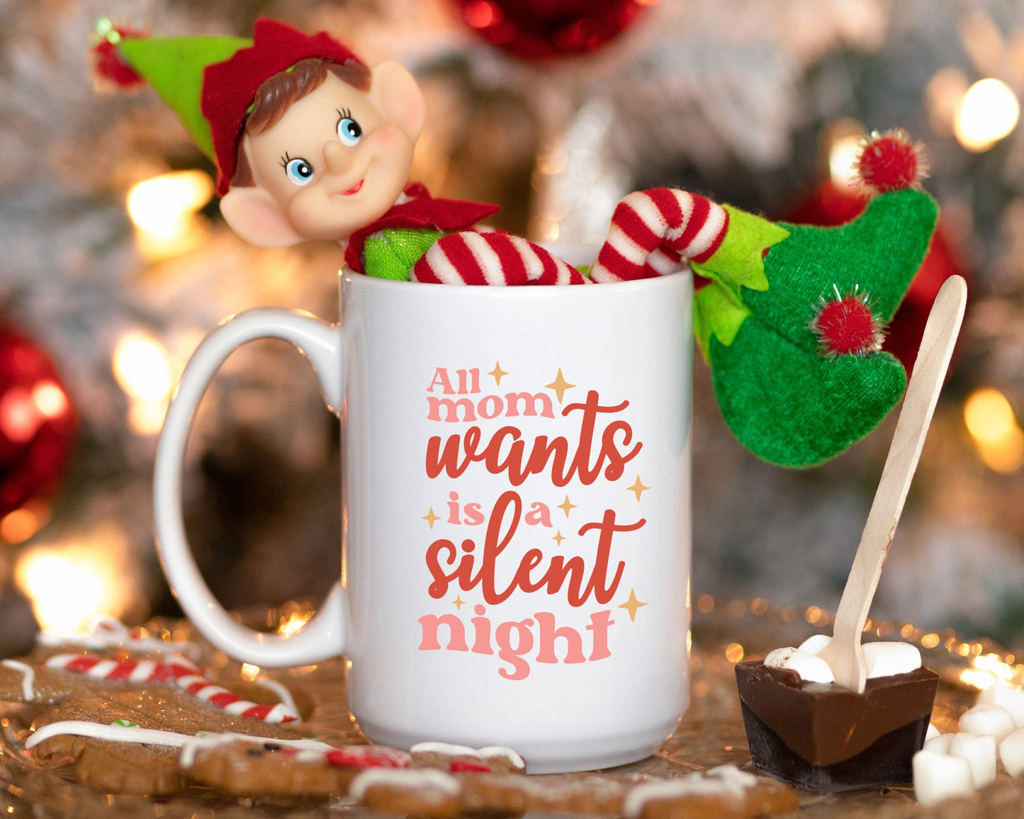 All Mom Wants is a Silent Night Funny Christmas Coffee Mug | Festive Holiday Mug | Mom Christmas Gift | Cute Mug for Mom | Retro Style Mug